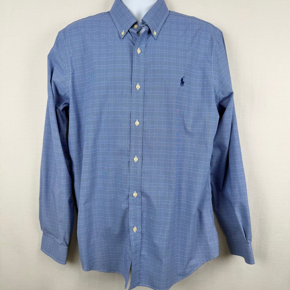 Ralph Lauren Slim Fit Performance Shirt Mens XL Blue White Plaid Button Down